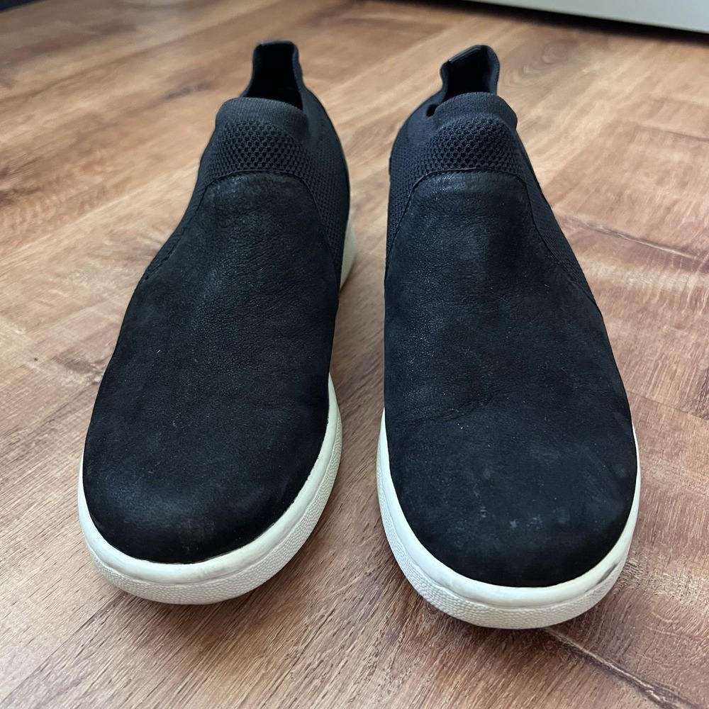 Eileen Fisher Leather Sneaker Women Sz 7 Black Stretch Knit Slip On Quiet Luxury